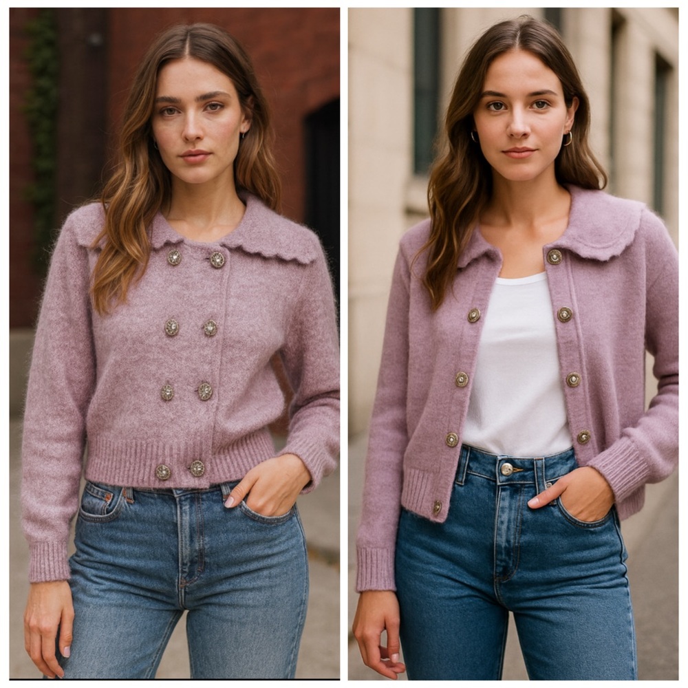 ZARA Lilac Rhinestone Button Front Sweater Cardigan Medium